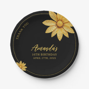 Elegant Gold Glitter Flower Sweet 16 Birthday Paper Plate