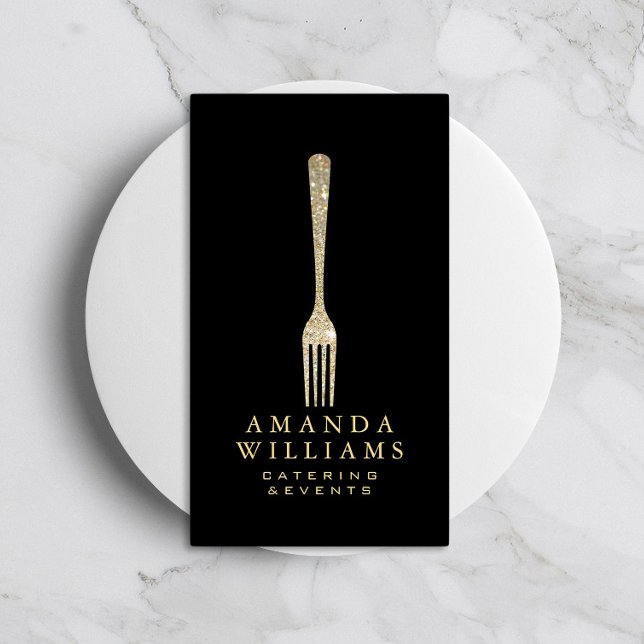 Elegant Gold Glitter Fork Catering Logo Black II Business Card (Creator Uploaded)