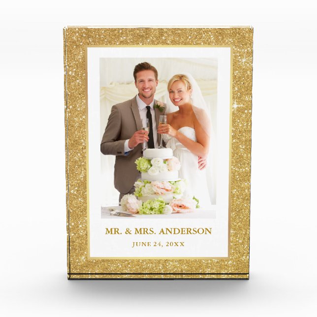 Elegant Gold Glitter Frame Wedding Mr. and Mrs. Photo Block (Front)