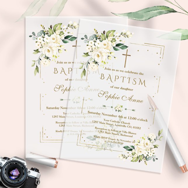 Elegant Gold Glitter Frame White Floral Baptism Vellum Invitations (Creator Uploaded)