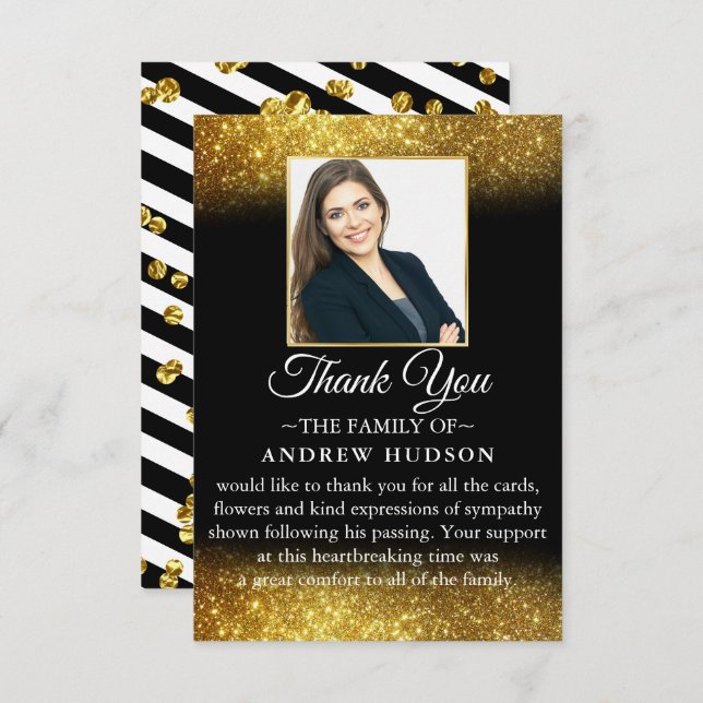 Elegant Gold Glitter Funeral Photo Thank You Card (Front/Back)