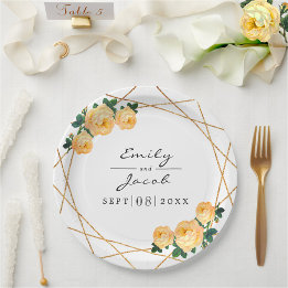 Elegant Gold Glitter Geo Orange Floral Wedding Paper Plate