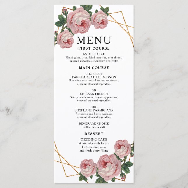 Elegant Gold Glitter Geo Pink Floral Wedding Menu (Front)