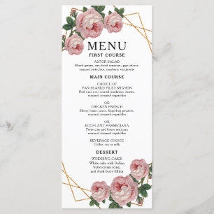 Elegant Gold Glitter Geo Pink Floral Wedding Menu