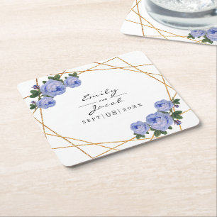 Elegant Gold Glitter Geometric Blue Floral Wedding Square Paper Coaster