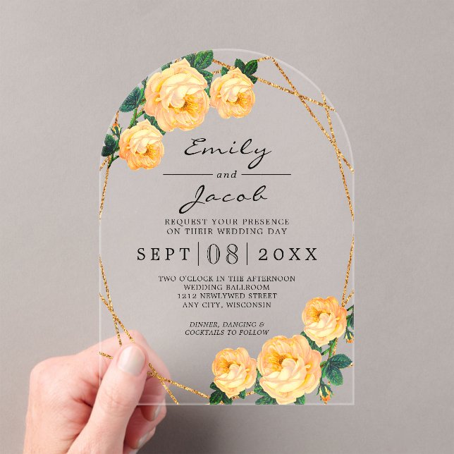 Elegant Gold Glitter Geometric Orange Floral Wed Acrylic Invitations (Insitu (Handheld))