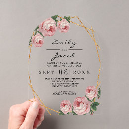 Elegant Gold Glitter Geometric Pink Floral Wedding Acrylic Invitations