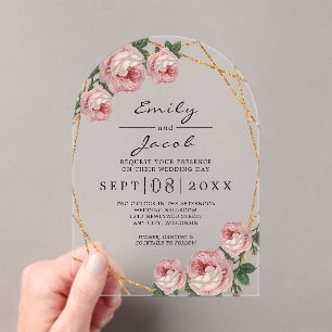 Elegant Gold Glitter Geometric Pink Floral Wedding Acrylic Invitations