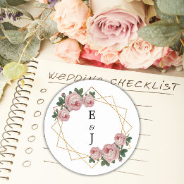 Elegant Gold Glitter Geometric Pink Floral Wedding Classic Round Sticker