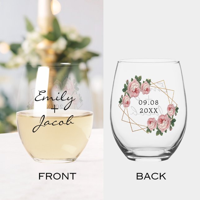 Elegant Gold Glitter Geometric Pink Floral Wedding Stemless Wine Glass (Elegant Gold Glitter Geometric Pink Floral Wedding Stemless Wine Glass)