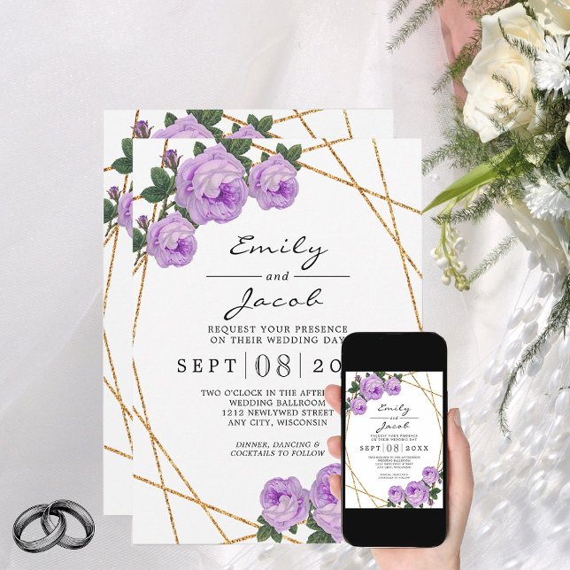 Elegant Gold Glitter Geometric Purple Floral Wed Announcement (Creator Uploaded)