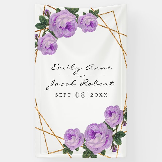 Elegant Gold Glitter Geometric Purple Floral Wed Banner (Vertical)