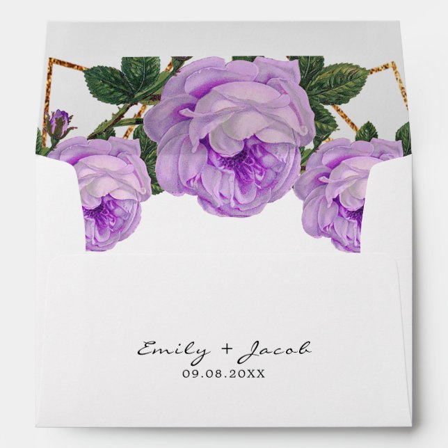 Elegant Gold Glitter Geometric Purple Floral Wed Envelope (Back (Bottom))