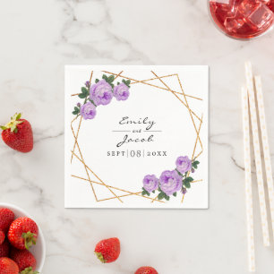 Elegant Gold Glitter Geometric Purple Floral Wed Napkin