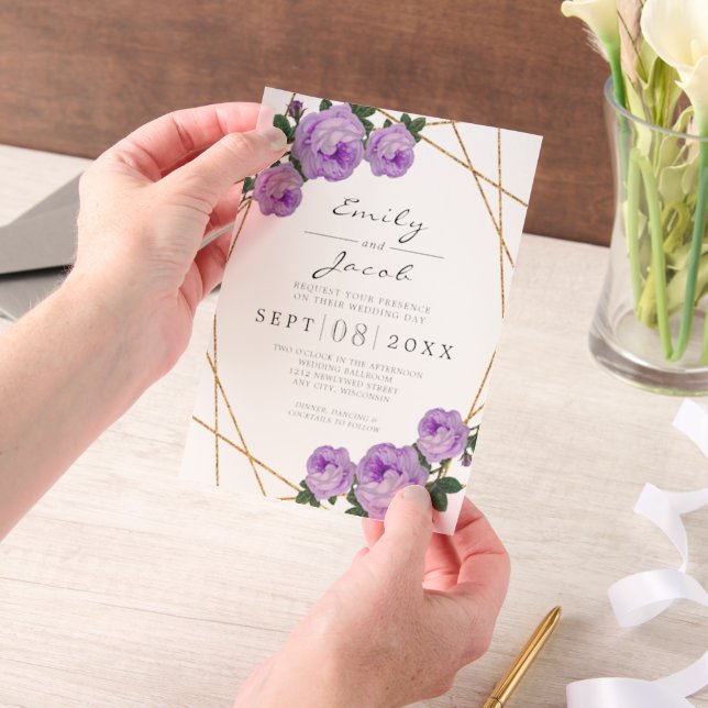 Elegant Gold Glitter Geometric Purple Wedding Vellum Invitations (Handheld)