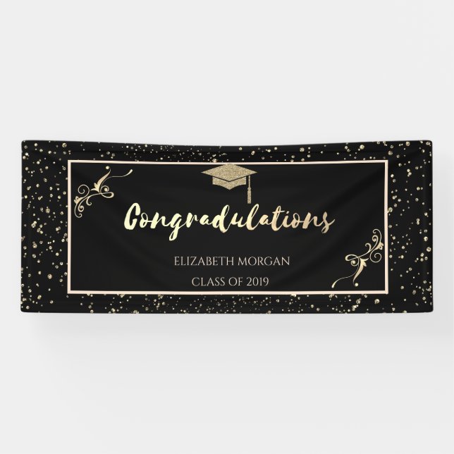 Elegant Gold Glitter Graduate Cap, Confetti Banner (Horizontal)