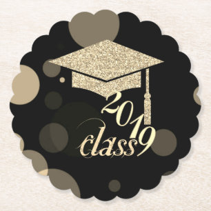 Elegant Gold Glitter Graduation Cap, Class 2019 Paper Coaster