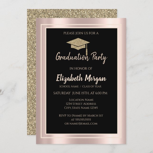 Elegant Gold Glitter Graduation Cap Rose Gold Invitation (Front/Back)