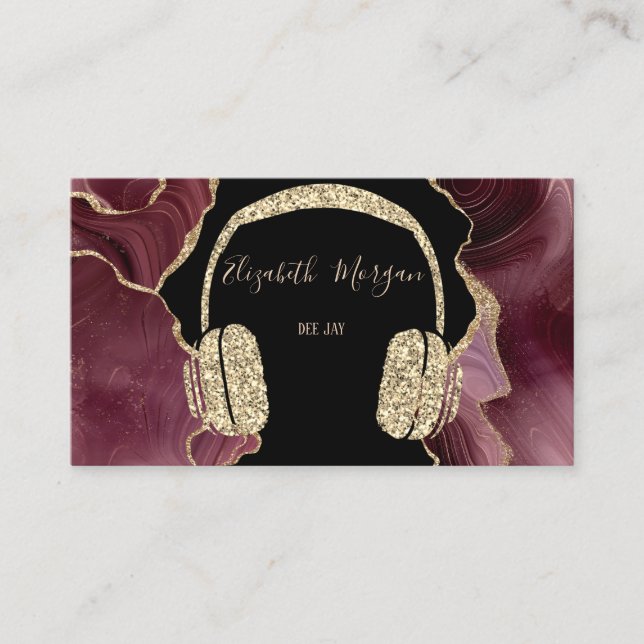 Elegant Gold Glitter Headphone DJ Burgundy Agate Business Card (Front)