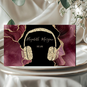 Elegant Gold Glitter Headphone DJ Burgundy Agate Business Card