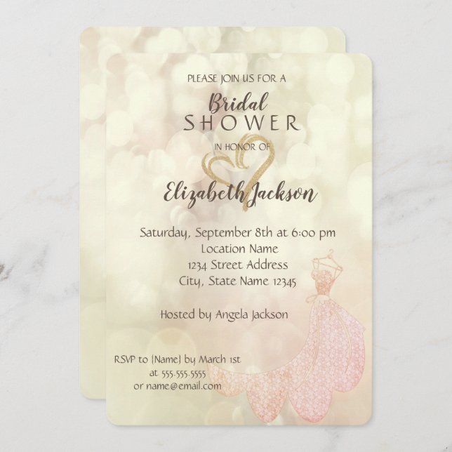 Elegant Gold Glitter Heart, Dress  Bridal Shower Invitation (Front/Back)