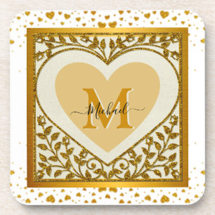 Elegant Gold Glitter Heart Initial & Name Coaster