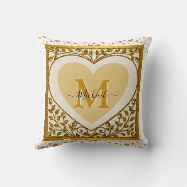 Elegant Gold Glitter Heart Initial & Name Cushion (Back)