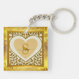 Elegant Gold Glitter Heart Initial & Name Keychain
