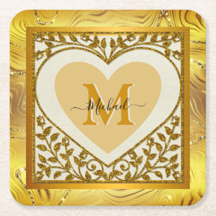 Elegant Gold Glitter Heart Initial & Name Square Paper Coaster