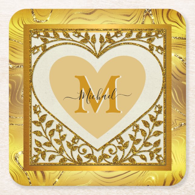 Elegant Gold Glitter Heart Initial & Name Square Paper Coaster (Front)