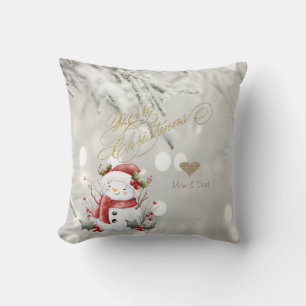 Elegant Gold Glitter Heart Snowman Cushion