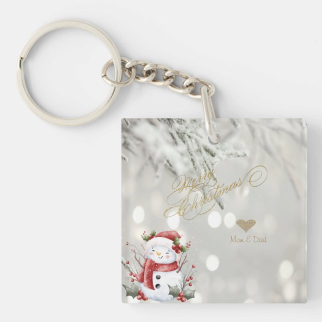 Elegant Gold Glitter Heart Snowman Key Ring (Front)