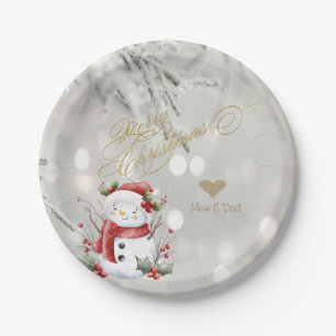 Elegant Gold Glitter Heart Snowman Paper Plate