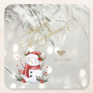 Elegant Gold Glitter Heart Snowman Square Paper Coaster
