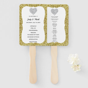 Elegant Gold Glitter Heart Wedding Program Fans