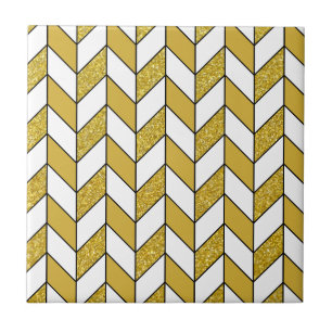 Elegant Gold Glitter Herringbone Chevron Pattern Ceramic Tile