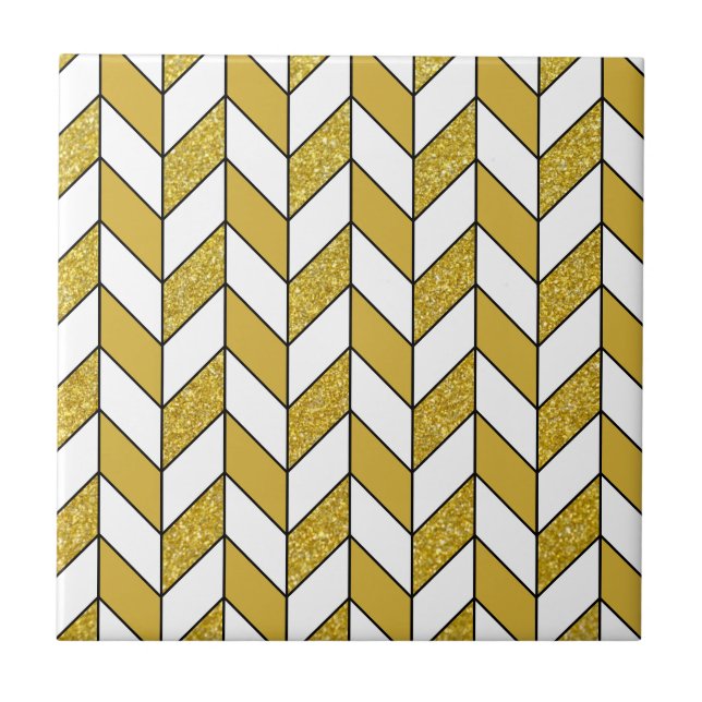 Elegant Gold Glitter Herringbone Chevron Pattern Ceramic Tile (Front)