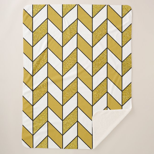 Elegant Gold Glitter Herringbone Chevron Pattern Sherpa Blanket (Front)