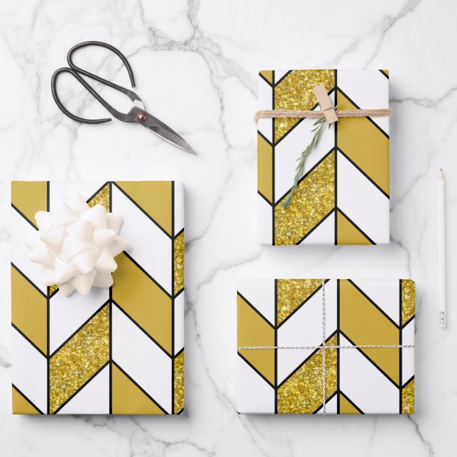 Elegant Gold Glitter Herringbone Chevron Pattern Wrapping Paper Sheet (Front)