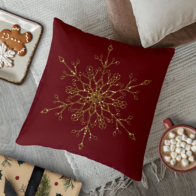 Elegant Gold Glitter Holiday Snowflake Dark Red Cushion (Elegant Gold Glitter Holiday Snowflake Dark Red Throw Pillow)