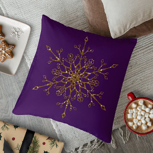 Elegant Gold Glitter Holiday Snowflake on Purple Cushion