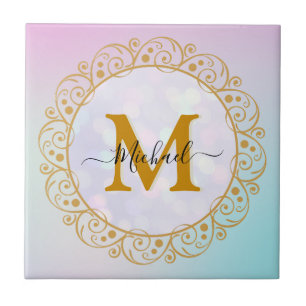 Elegant Gold Glitter Initial & Name Ceramic Tile