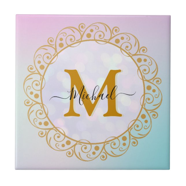 Elegant Gold Glitter Initial & Name Ceramic Tile (Front)