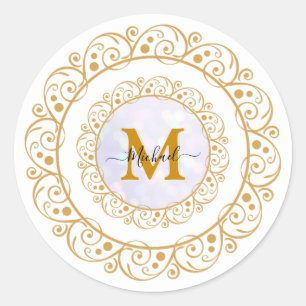 Elegant Gold Glitter Initial & Name Classic Round Sticker