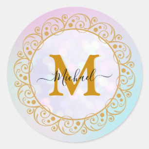 Elegant Gold Glitter Initial & Name Classic Round Sticker