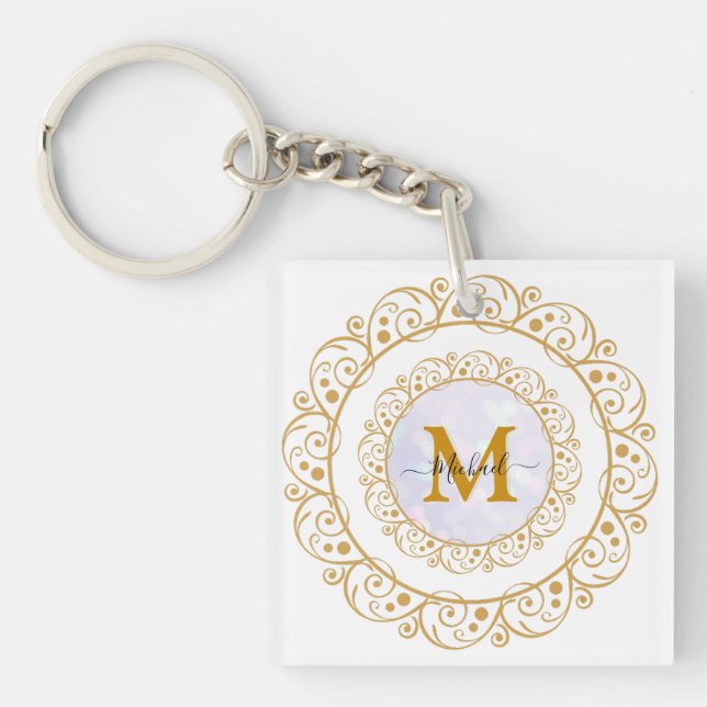 Elegant Gold Glitter Initial & Name Key Ring (Front)