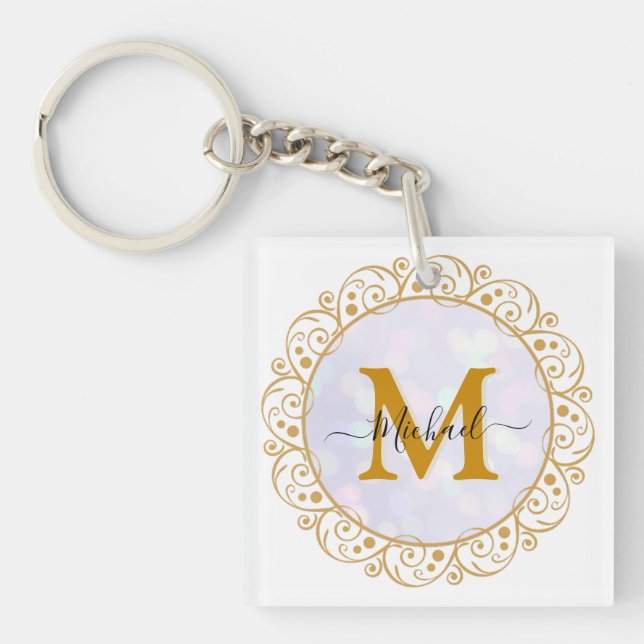 Elegant Gold Glitter Initial & Name Key Ring (Front)