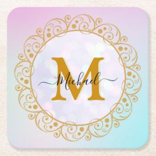 Elegant Gold Glitter Initial & Name Square Paper Coaster