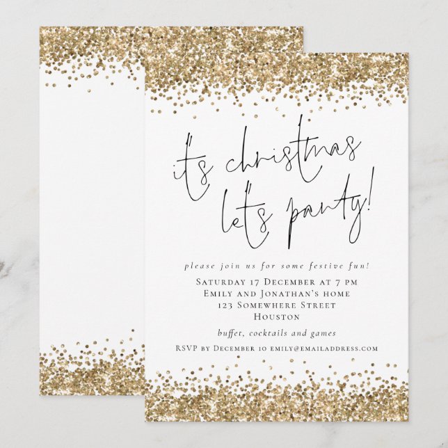Elegant Gold Glitter Its Christmas Lets Party Invitation (Front/Back)