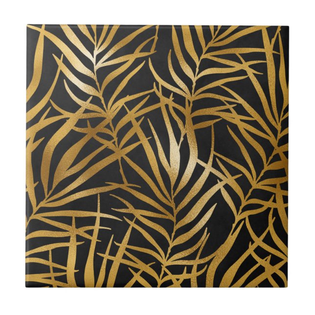 Elegant Gold Glitter Leaves Nature Pattern Ceramic Tile (Front)